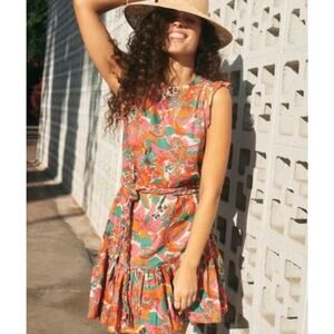 MARINE LAYER Laney Mini Dress in Vintage Orange Floral Print Linen Blend XL